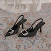 Черные туфли-босоножки с сумкой на каблуке женские 2025 новые со стразами острый каблук ремешок сзади 100 подходящая юбка сзади пустые высокие каблуки
