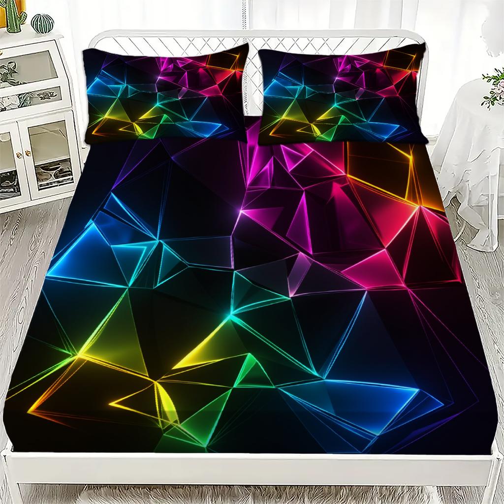 3pcs Geometric Pattern Flat Sheet 3D Printed Neon Colors Fitted Sheet Sets With Pillowcases No Filling Cool Visual For Teen Boys