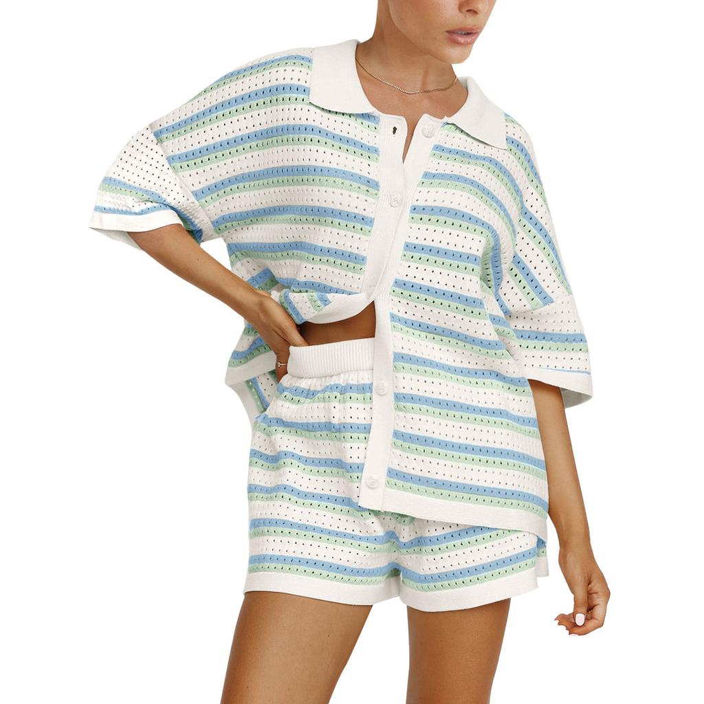 Трикотажные женские шорты из двух частей, комплекты домашней одежды, комплекты в полоску, контрастные цветные пуговицы, вязаные крючком топы и шорты, подходящие комплекты