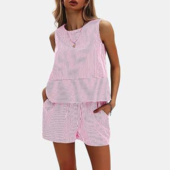 Женские летние комплекты из 2 предметов: майка без рукавов, шорты, повседневные полосатые спортивные костюмы, комплект для отпуска на пляже
