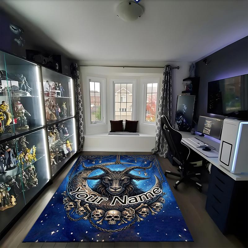 1PC Custom Name Moonlit Goat Skulls Theme Floor Mat Ideal for Living Room, Game Rooms, Office, Bedroom,Floor Mat Playful Design