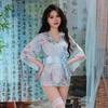 Sexy Underwear Japanese Sexy Cardigan Three-point Pajamas Large Size Kimono Set Sweet Bow Perspective