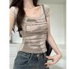 American Pure Lust Big U-neck Collarbone Exposed Short-sleeved T-shirt for Women Summer Letter Print Hot Girl Sexy Slim Short Top