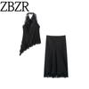 Zbzr Spring New Arrival Women's Clothing Fashion Style Hanging Collar Lace Top and Skirt 5919203 5919204
