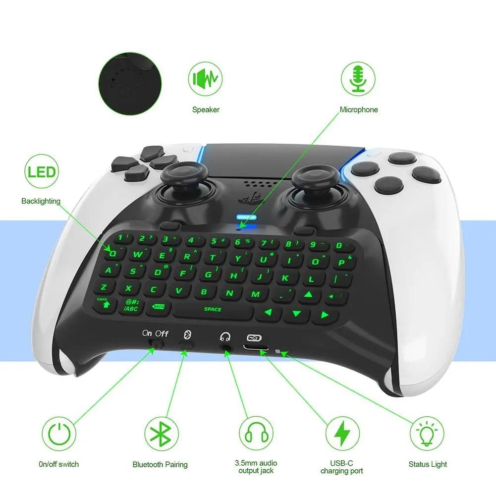 Keyboard for PS5 Edge Controller with Green Backlight, Bluetooth 3.0 Mini Portable Message Keypad Chatpad, Built-in Speaker & 3.5mm Audio Jack