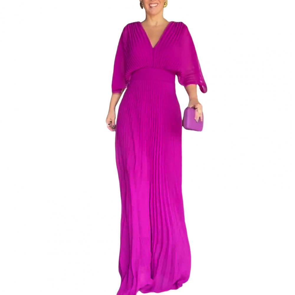 Women Dress Elegant Pleated V Neck Maxi Dress for Women Dolman Sleeves Evening Gown with Slim Waist Full Length Skirt for Party