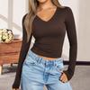 Women Bottoming Shirt Cotton Long Sleeve V-Neck Slim Fit T-shirt Stretchy Solid Color Thin Top for Daily Wear Dating Work