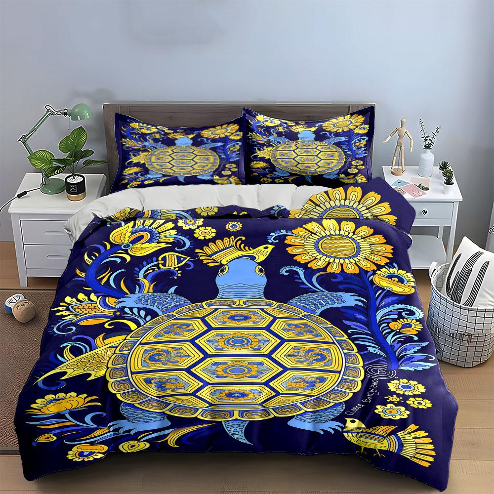 Yellow turtle, sunflowers pattern. Bedding sets Duvet cover sets Duvet covers Pillowcases(1 * Duvet Cover 2 * Pillowcases, without duvet insert)