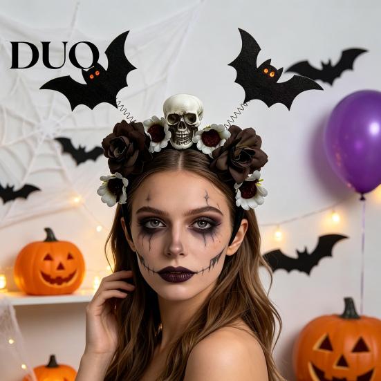 Unique Flower Headbands for Halloween Skeleton Bat Headband, Gothic Floral Skull Hair Bands, Spooky Stylish Bands Accessory, Lightweight No
