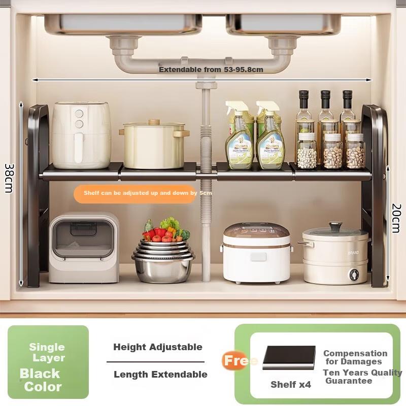 YOUQIN Kitchen Sink Under-Storage Rack, Extendable Multi-Layer Shelf, Cabinet Divider, Multifunctional Cookware Organizer