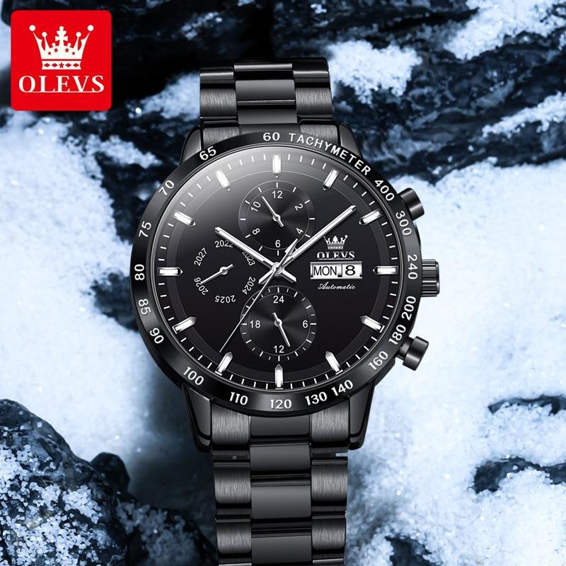 OLEVS Брендовые деловые повседневные модные автоматические механические часы с тремя глазами, мужские часы