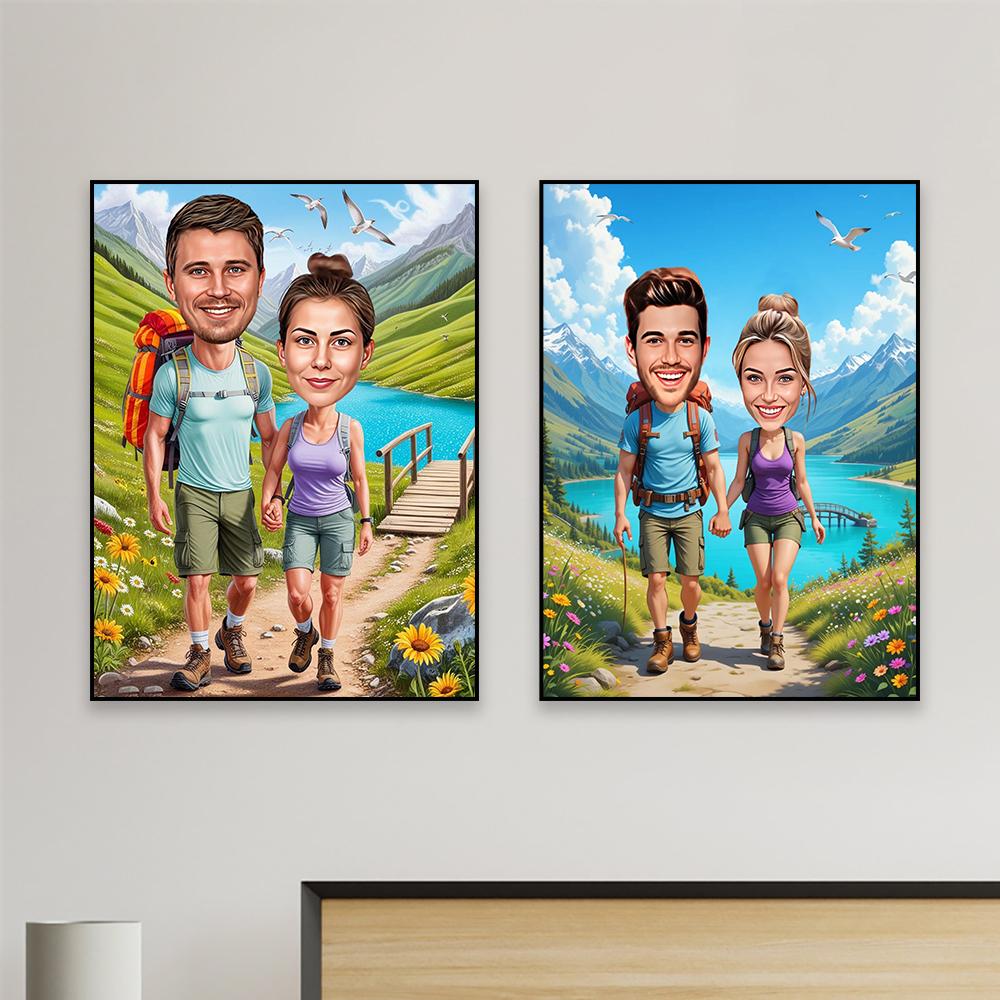 Personalized Couple Hiking Cartoon Poster Hiking Portrait Cartoon Caricature Canvas Painting Lovers Birthday Bedroom Decoration