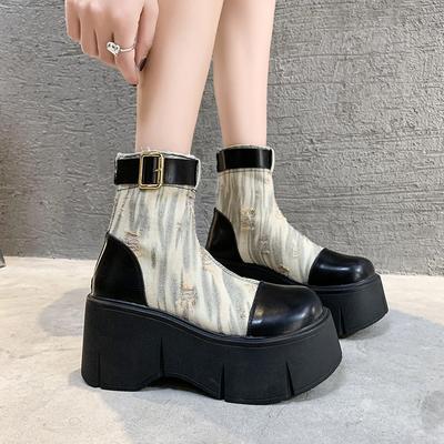 Модные осенние дышащие парусиновые короткие ботинки на высокой платформе для женщин, новые, 8 см, толстая подошва, суперпопулярные модные ботильоны для женщин