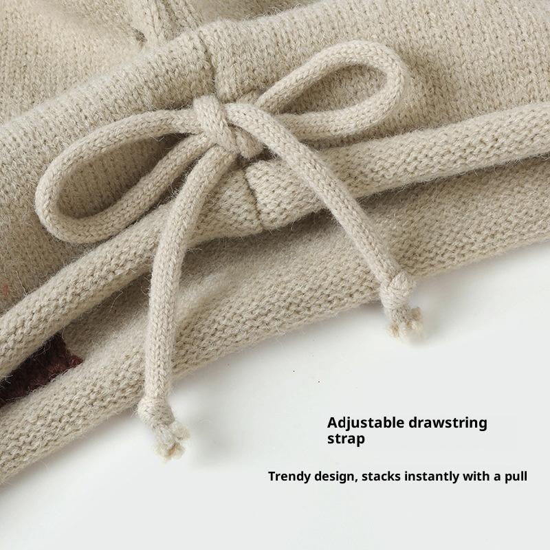 Star Pattern Curling Drawstring Beanies For Women Autumn And Winter Warm Ear Protection Versatile Retro Knitted Pullover Hats