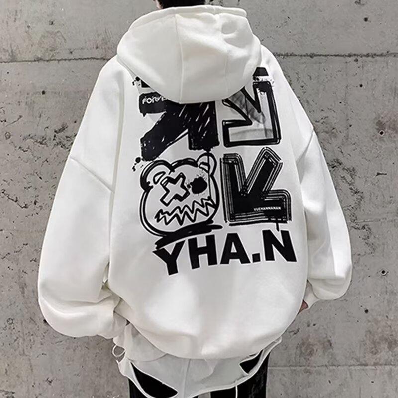 Мужская свободная толстовка с капюшоном в гонконгском стиле 2024 года - Модный принт с буквами, универсальная куртка на весну/осень