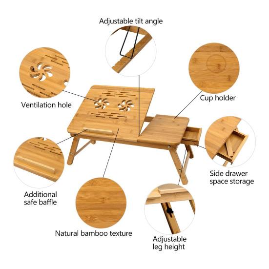 Регулируемый бамбуковый стол для ноутбука с эффектом охлаждения вентилятором, откидной верхний ящик, складной прикроватный столик