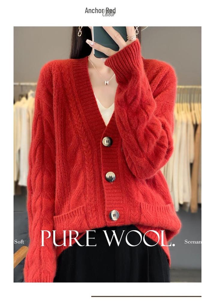 V-neck Pure Wool Loose Knit Cardigan – Long Sleeve Autumn/Winter Sweater
