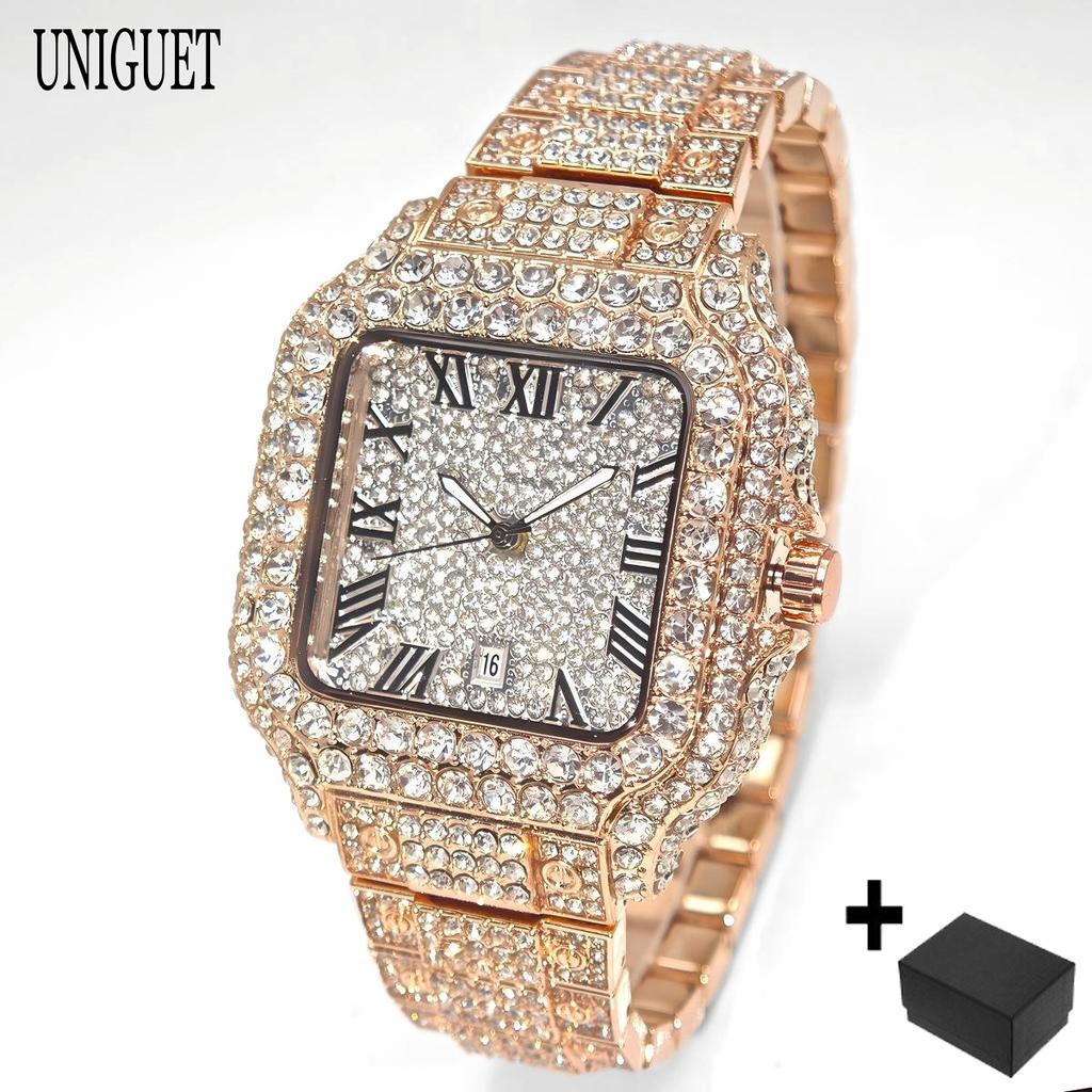 UNIGUET Black Diamond Watch For Man Fashion Roman literal Square Watch Hip Hop Full Iced Jewelry Wrist Watch Men Dropshipping