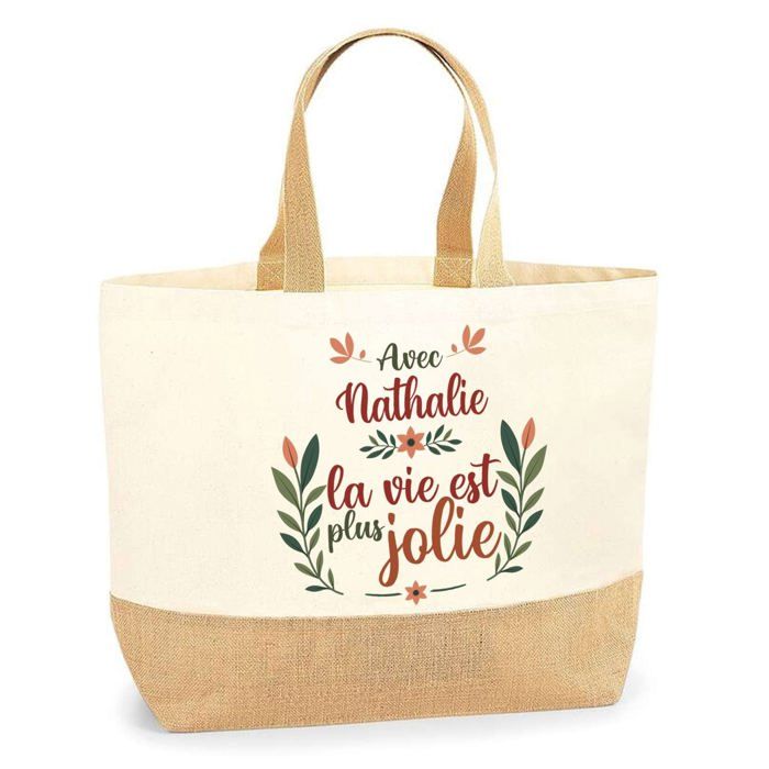 Tote bag en jute - PLANETEE - Sac jute Nathalie «la vie est plus jolie» - Multicolore - Jute naturel - Porté épaule