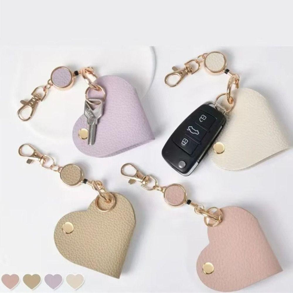 Lovely Hanger Heart Pu Leather Keychain DIY Love Heart Shaped Pendant Candy Color Handmade Retractable Buckle Key Bag Women