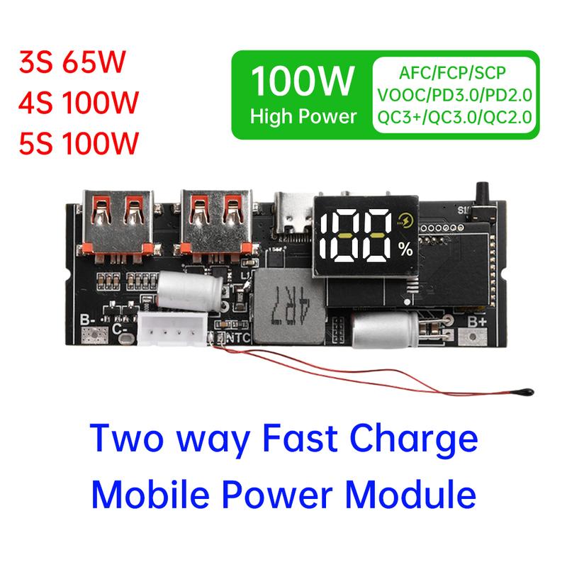 Power Bank 65W 100W с поддержкой QC3.0, 3S 4S 5S, двойной порт Type-C, двунаправленная зарядка, модуль для мобильных устройств, зарядное устройство 18650, защита от перегрева, источник питания