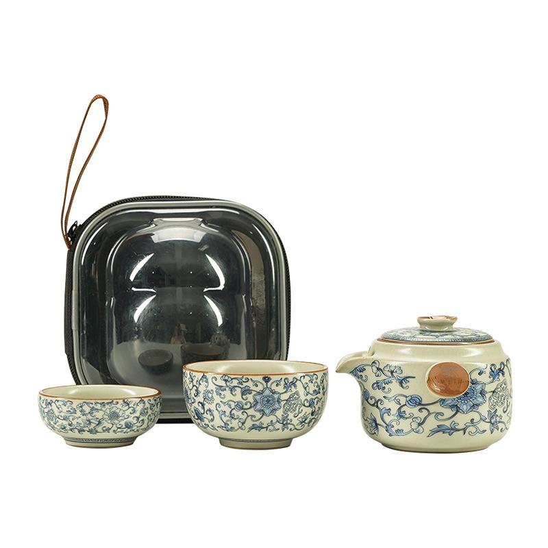 Ru kiln blue and white ceramic travel tea set portable outdoor teapot tea cup storage bag retro tea making artifact
