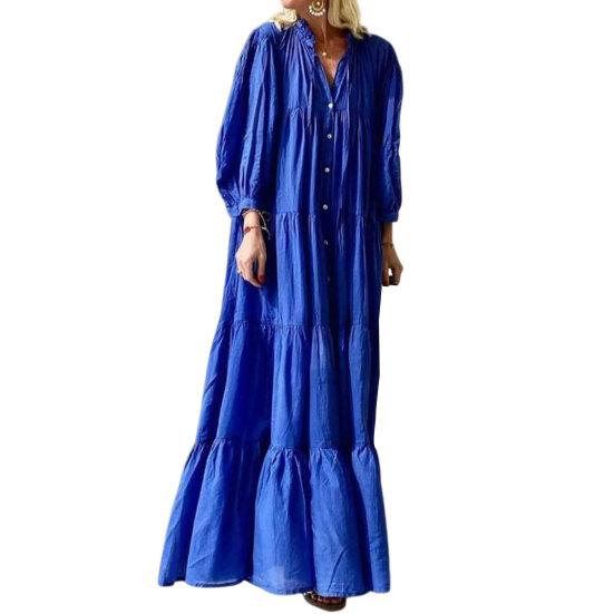 Женское платье макси с воротником-стойкой и V-образным вырезом Свободные заплатки Сплошной цвет с V-образным вырезом Половинное однобортное платье полной длины с длинным рукавом Леди Весенне-осеннее платье