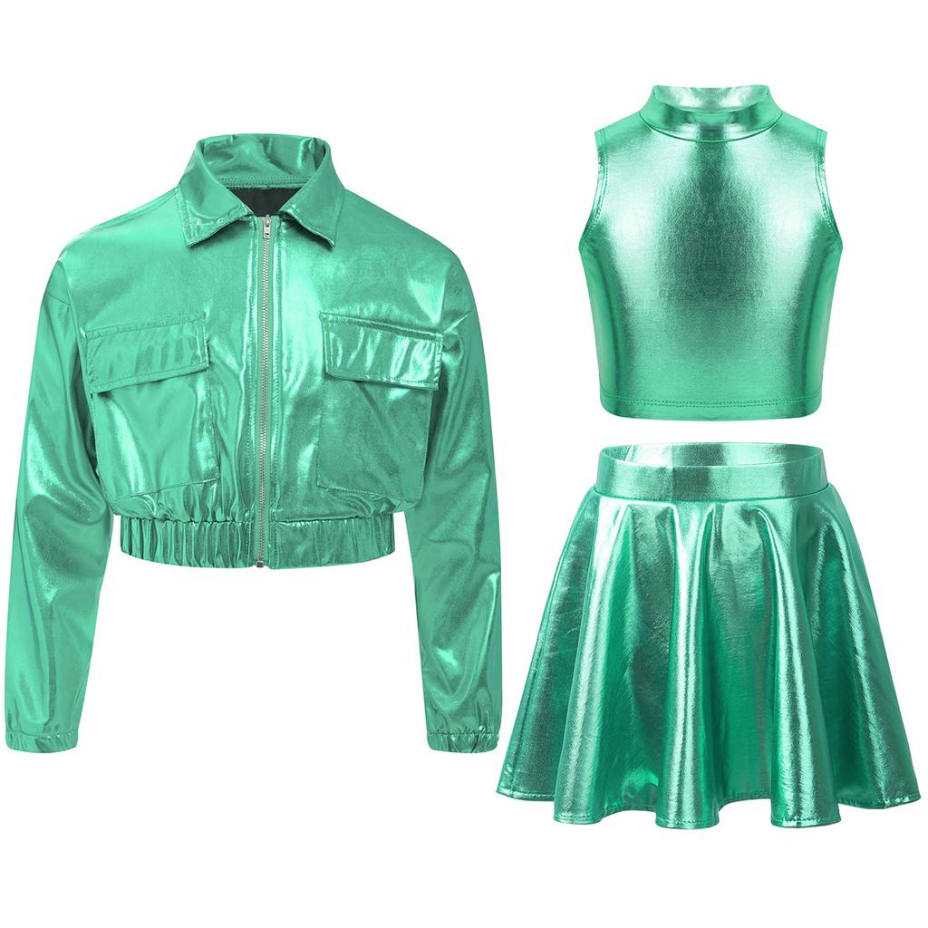 Metallic Shiny Jacket Set for Girls: Turn-Down Collar Long Sleeve Coat with Turtleneck Tank & High Waist A-Line Skirt