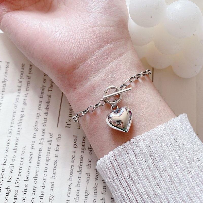925 Sterling Silver Love Heart Charm Bracelet Fashion Retro Bracelet For Women Jewelry With Ot Clasp S -B367