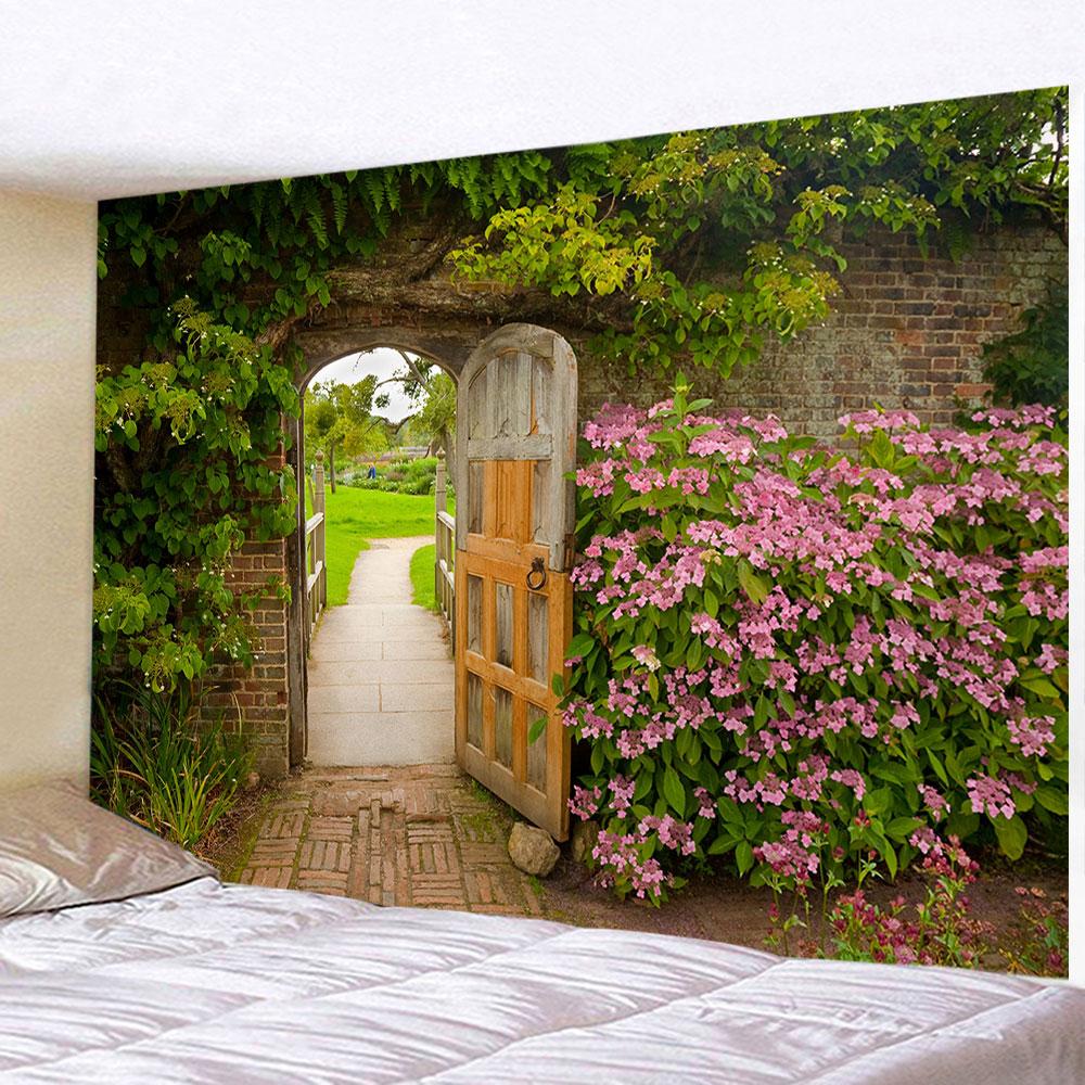 Spring Flowers Wood Fence Tapestry Nature Pink Rose Plant Flower Wall Hanging Garden Window Nature Scenery Tapestry