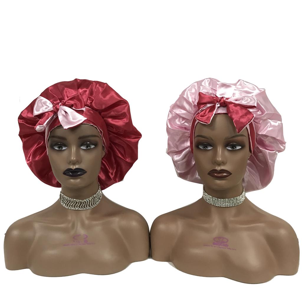 SL Custom logo Designer Bonnets Double Layer Hair Bonnet Silk Pillow case and Bonnet Set