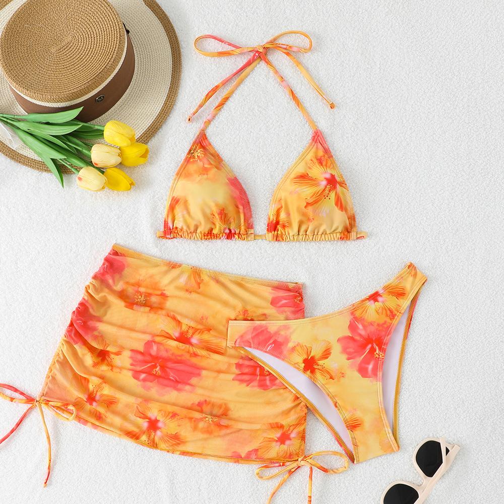 European and American new sexy split women's triangular printed bikini three-piece set, popular tie-dye swimsuit