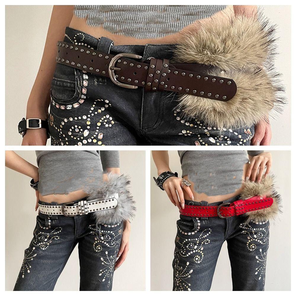 Western Style Y2K Waistband Rivet Plush Belt Simple Leather Fur Belt  Daily