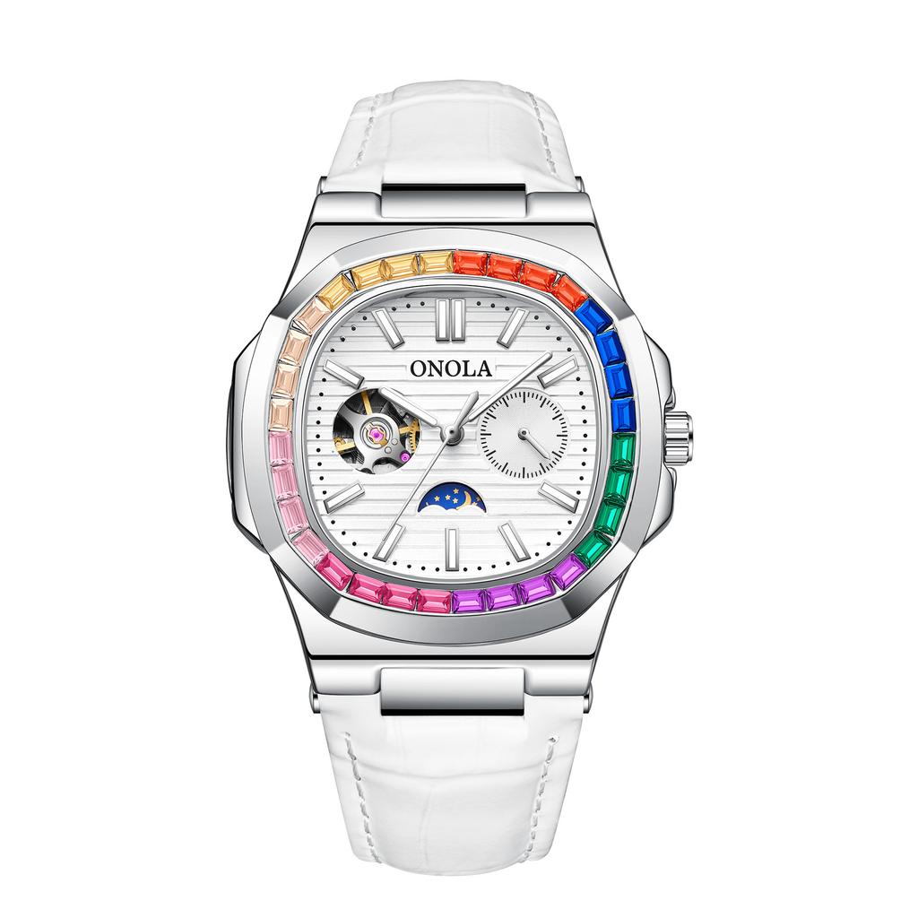 Fashion Colorful Diamond Hollow Wristwatch Automatic Mechanical Men's and Women's Watches Waterproof Leather Watch Men's Clock