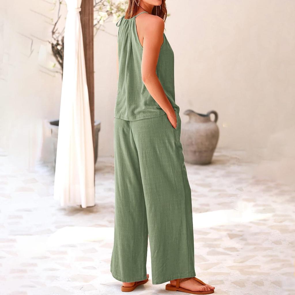 Women's Casual Summer Two Piece Outfits Cotton Linen Sets Cutout Sleeveless Top Wide Leg Pants Matching Set