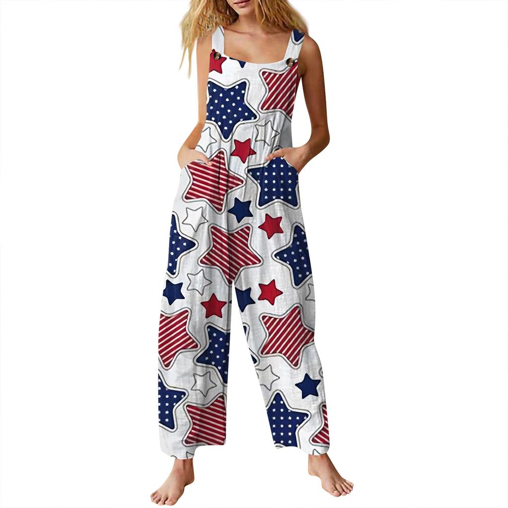 Женский модный комбинезон на пуговицах без рукавов с принтом ко Дню независимости