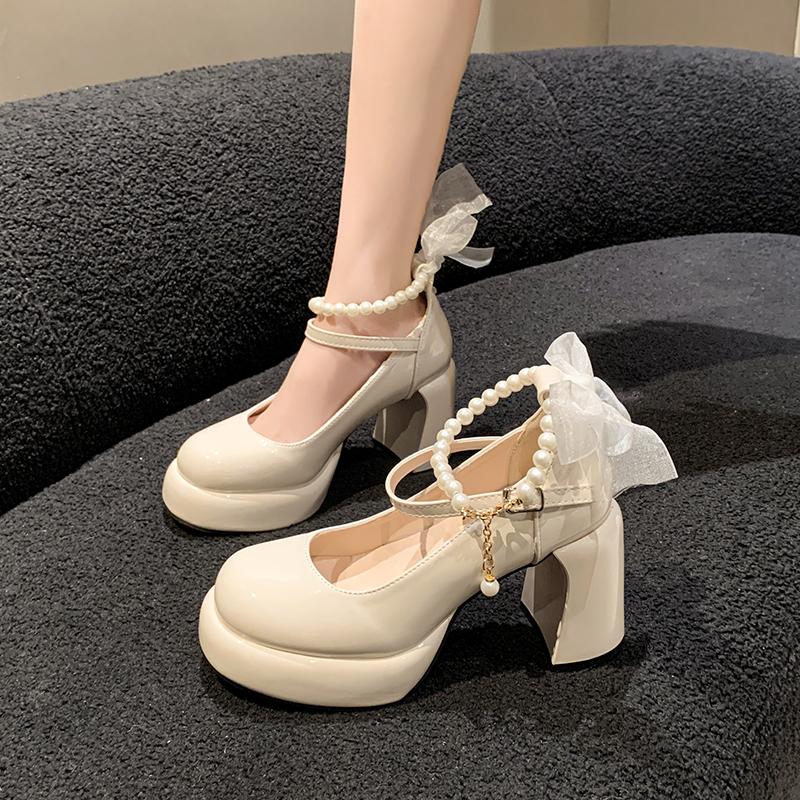 Women Summer New Mary Jane Shoes Thin Strap Leather Buckle Fashion Solid High Heels Elegant Party Thick Sole Dress Shoes
