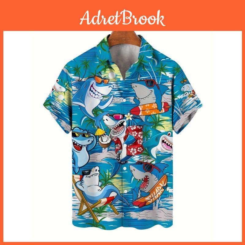 3d Shark Hawaiian Print Mens Shirt Vibrant Tropical Short Sleeve Vneck Buttonup