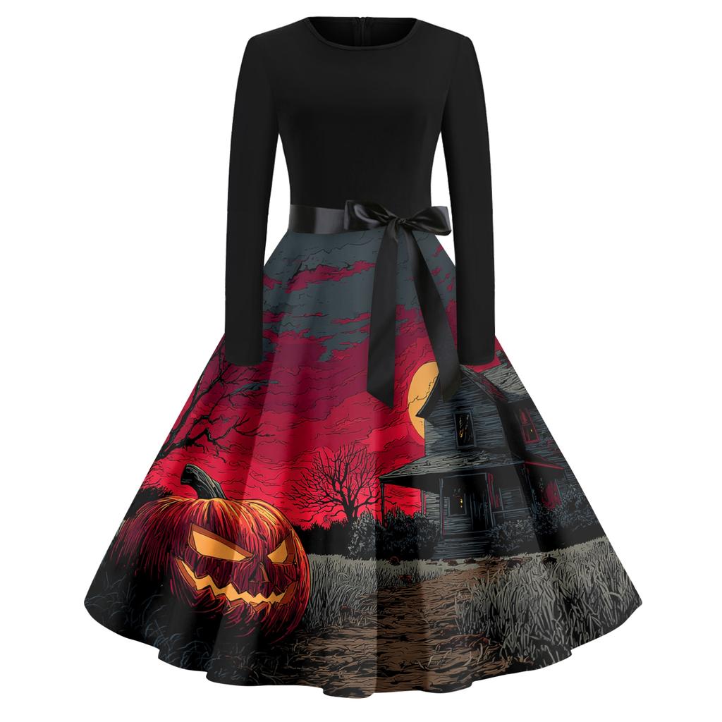 Women's Casual Fashion Round Neck Halloween Printed Vintage Dress