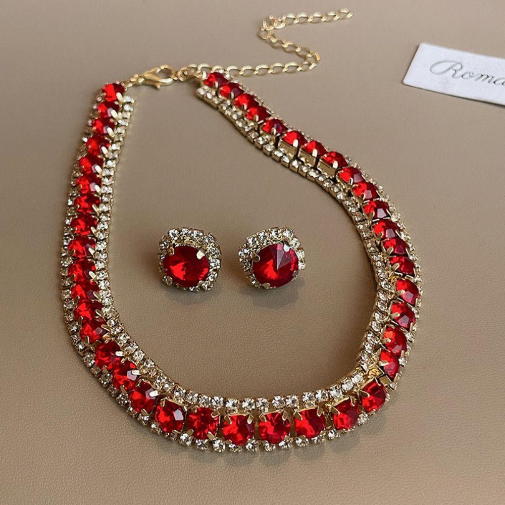 Retro Necklace Earrings Set Handmade Rhinestone Choker Necklace Crystal Necklace Anniversary