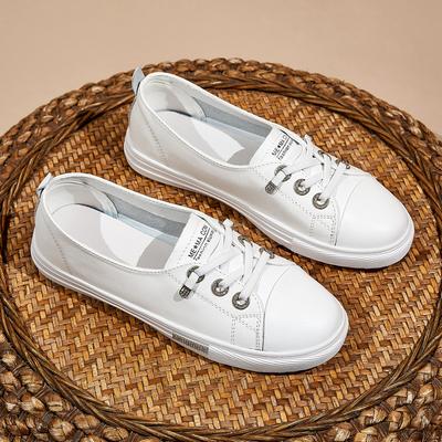 Кожаные светлые туфли с открытым верхом женские летние новые всесезонные универсальные на плоской подошве с мягкой подошвой и мягкой поверхностью тонкие на одном ремешке туфли-лодочки