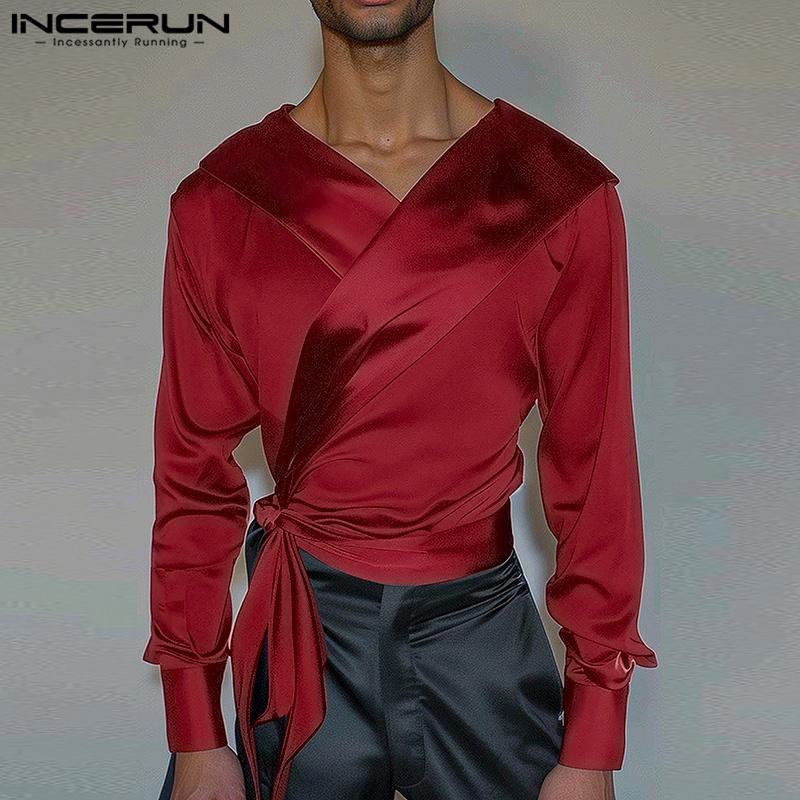 INCERUN Мужские рубашки с длинным рукавом и V-образным вырезом спереди, перекрестные слои, топы