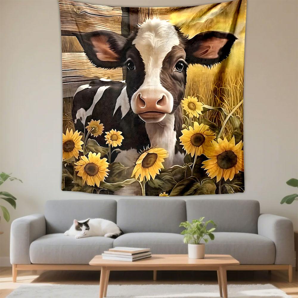Cow and Sunflowers in Rustic Field Patterned Tapestry Decorative Wall Hanging, Home Bedroom Living Room Decor