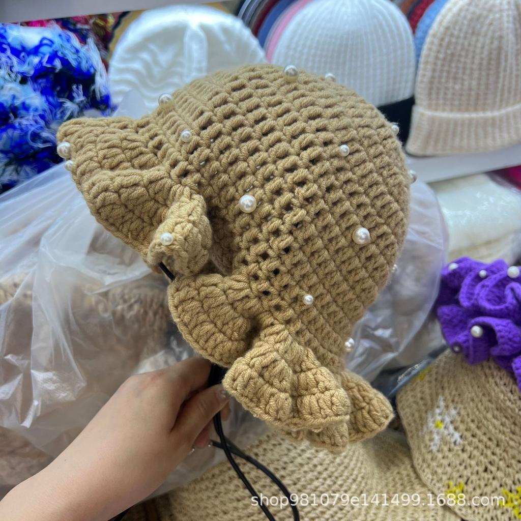 Popular sweet age reducing ruffle edge knitted bucket hat hand crocheted pearl hat colored rhinestone wool hat