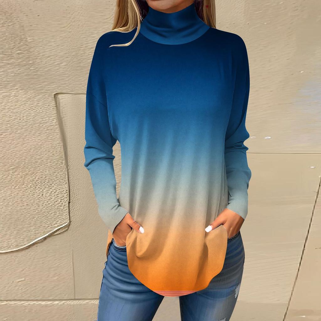 Футболки для женщин, осенние повседневные рубашки с длинными рукавами, толстовка с винтажным принтом, топ с высоким воротом, пуловер