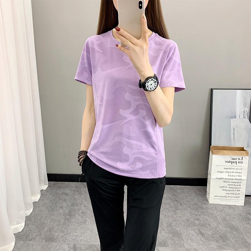Женская летняя футболка Yoga Slim Solid Color Outdoor Sports из жаккарда Quick Dry с круглым вырезом