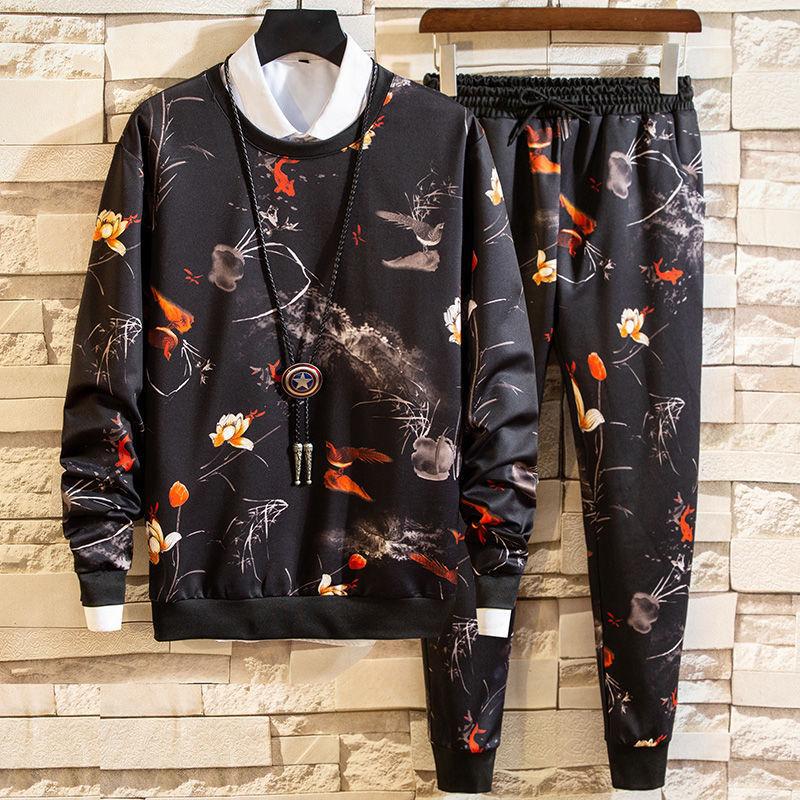 2 шт./компл., повседневный спортивный костюм, мужская осенняя толстовка с принтом, брюки, красивый комплект из двух предметов