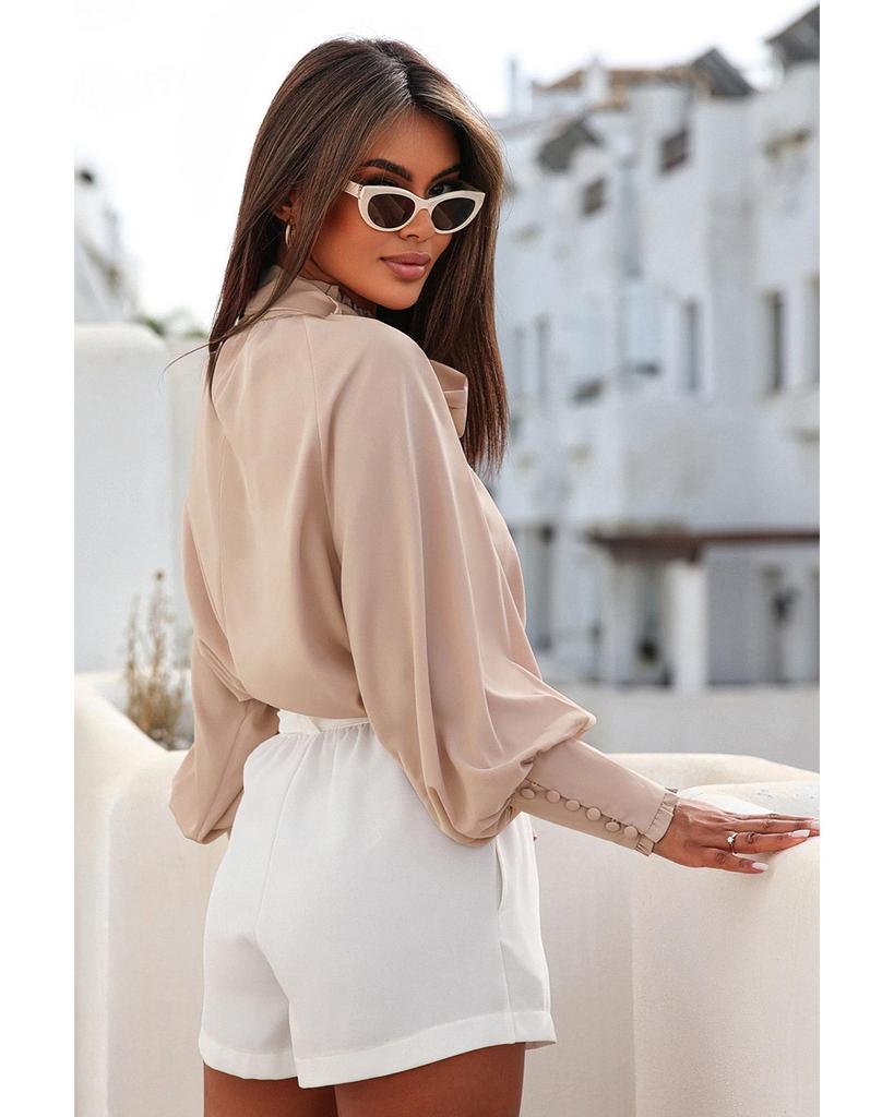 Azura Exchange Khaki Frilled Knotted Blouse with Bishop Sleeves