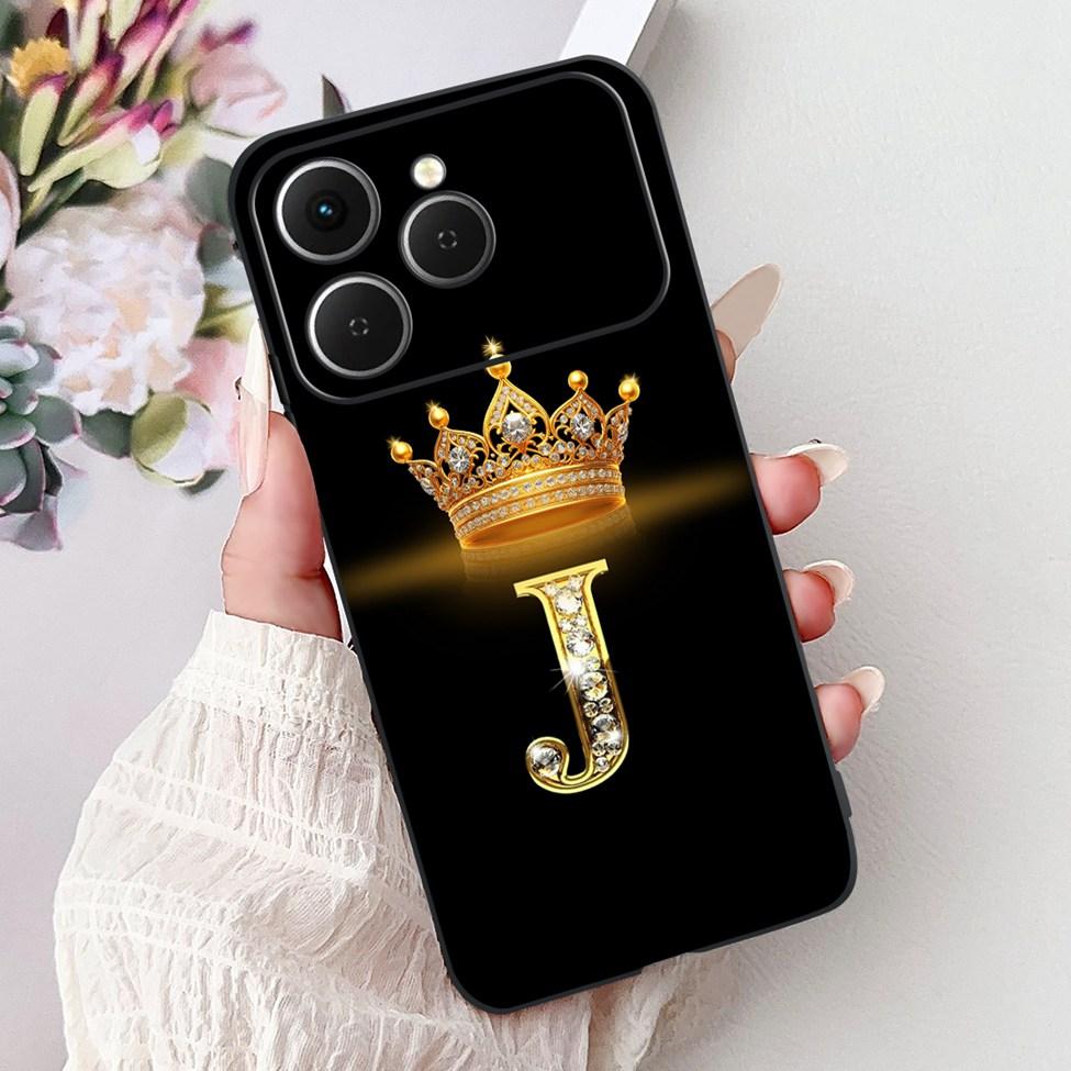 Чехол для Tecno Spark 40 Черный Силикон Роскошные Буквы А-Я Модные Цветы Корона Ударопрочный Чехол для Телефона Tecno Spark 40