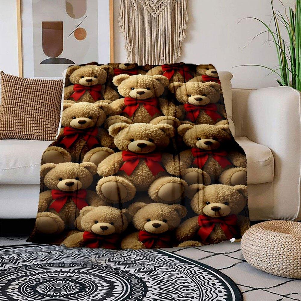 "Adorable Teddy Bears with Red Bows - Perfect for Gifts!"Blanket Flannel Throw Blanket for Sofa, Bed, Travel, Camping, Office, Couch, Chair,